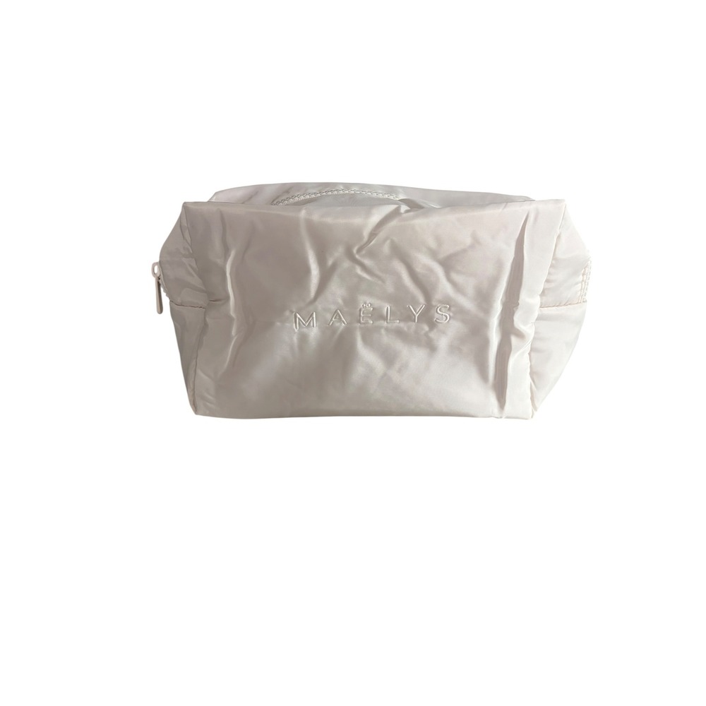 Maelys Cosmetics Makeup Bag White Satin Pearlized Pink Lining Zipper Pouch